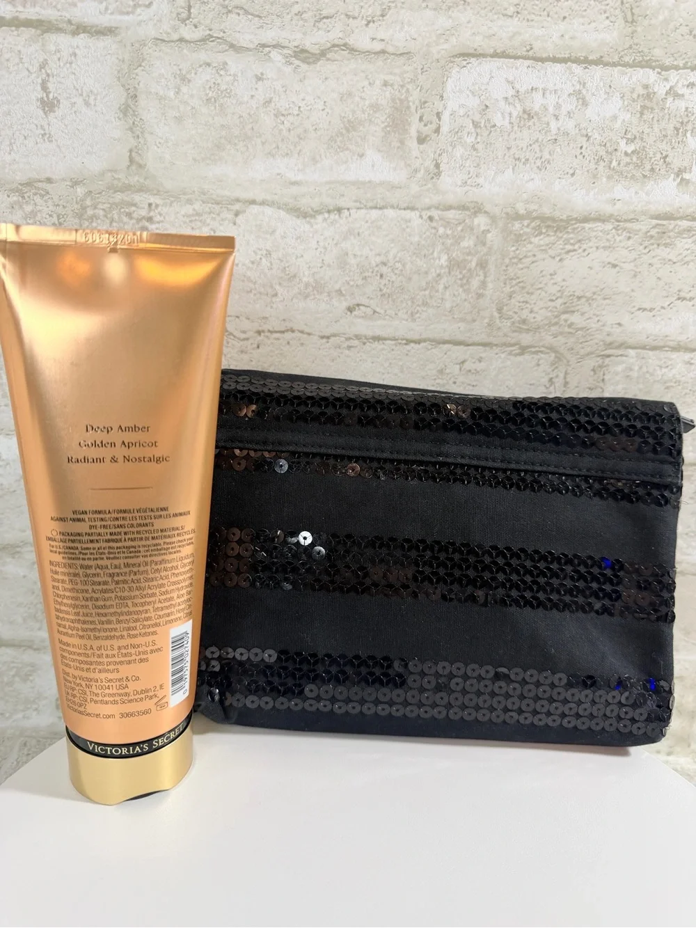 Victoria's Secret Set w/ Black Sequin Toiletry Bag & Amber Romance Body Lotion